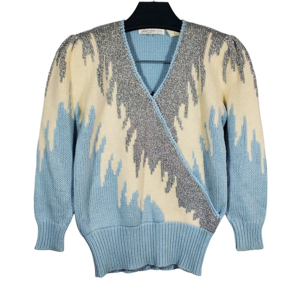 VTG 90s Larisa Knit Sweater V-neck Metallic Ski Snow Icicle Winter Wonderland